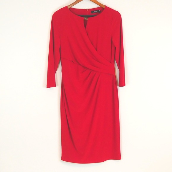 NWT Lauren Ralph Lauren Red Wrap Style Jersey Dress Gold Logo Women's Sz 10